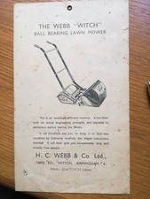 The Webb ''Witch'' Ball Bearing Lawn Mower Service Instructions 1932-1936.