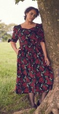Joanie x Laura Ashley Bronwyn Dress Size 14 Black Red Velvet Floral BNWT xmas