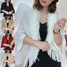 Women Faux Fur Trim Knit Shawl