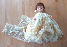 VINTAGE 12" PLASTIC DOLL, BLINKING EYES, DAMAGED LACE DRESS, MOVING ARMS AND LEG