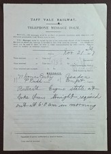 1907 Taff Vale Railway Pontypridd to Penrhos Junction? Telephone Message Form