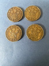 4 threepenny bits, circulated and in fair condition, see photos