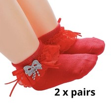 Baby Girl 2 Pairs Red Frilly Lace Ruffle Socks Princess AnkleSocks Size 0-6 Mths
