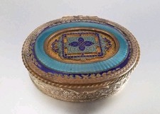 LARGE ANTIQUE HINGED ENAMEL & HEAVY BRASS TRINKET BOX PETIT POINT INTERIOR