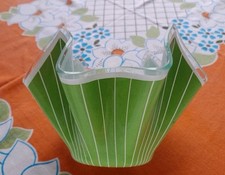 Vintage Retro Hankerchief Glass Vase / Bowl Lime Green White Stripe Glass