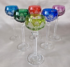 6 Val St Lambert Harlequin Berncastel Coloured Cut Cordial Liqueur Glasses 13cms