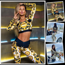 New Fashion Women Long Sleeve Suit Vintage Top Leggings Hight Waist Fitness Set