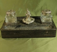 VINTAGE REGENCY type INKSET MARBLE SILVER PLATE CUT GLASS INKWELL SET DESK STAND