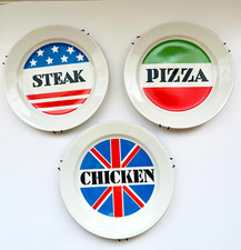 Vintage 3 Wall Plates US, UK, Italy Flag, Hangers-  Kitchen/Restaurant Kitsch