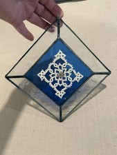 Vintage Blue Diamond Shape Stained Glass Sun Catcher With Doily Window Hang