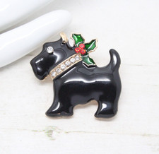 Vintage Style Black Enamel Christmas Holly Scottie Dog Crystal BROOCH Jewellery