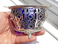 MAPPIN & WEBB 1902 ART NOUVEAU SOLID SILVER & BLUE GLASS SUGAR BASKET / BOWL