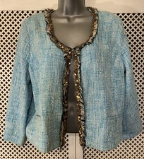 River Island turquoise tweed boxy Sequin Fringed Jacket With Pockets Uk14