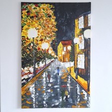 Large Original Acrylic on Canvas Painting Vibrant Street Scene Signed Vintage...