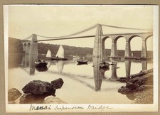 Menai suspension bridge, Wales.  Original 1880s albumen photograph