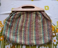 Vintage Cloth Knitting Craft Sewing Bag Wooden Handles Multicoloured Stripes