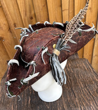 Unisex Brown Faux Leather Distressed Tricorn Pirate Hat Feathers Free size  (12a