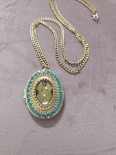 Monsoon olive green / turquoise stone Opening Oval Locket With Long Chain, BNWOT
