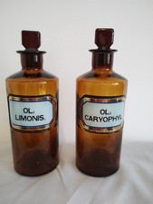 Pair amber chemist apothecary bottles with unusual labels under glass ( LUG's)