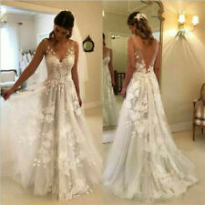 Vintage Wedding Dresses V-Neck Backless Lace Applique A-Line Tulle Bridal Gowns