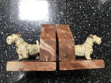 Art deco alabaster bookends with metal terrier dog Vintage Pair Cold Painted Old