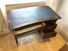 Mid-century English leather top writing desk w/ 3 draws, brass fittings