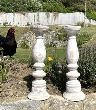 White Wooden Candle Holders Stands Shabby Chic Antique White Washed Countryside