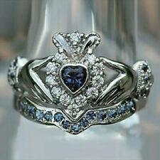 Irish Claddagh Heart Engagement Set Ring 2Ct Blue Sapphire 14K White Gold Finish
