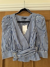 ZARA NWT Blue White Stripe Shirt Blouse Puff Sleeve Diamanté Belt Size XS