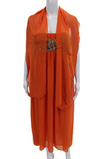 Reem Acra Womens Sleeveless Square Neck Zip Beaded Long Dress Orange Size 06