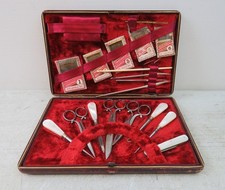 Antique leather sewing needle case with mother of pearl tools Sheffield scissors