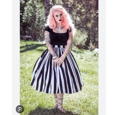 Pinup Couture Bella Vintage Gathered Swing Skirt Black White Striped Goth Small