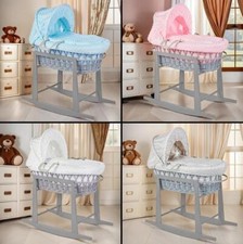 Luxury Moses Basket Grey Wicker Baby Full Set Rocking Stand