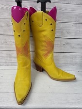 Gucinari Yellow Leather Cowboy Boots Stud Detail Block Heel Size 5. PAC