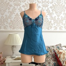Blue V-Neck Babydoll Cami Top Floral Embroidered Mesh Sheer Cups Size M