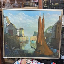 Large Quality Mid Century TOM MORTON 'Drying Sails Polperro' Print Framed