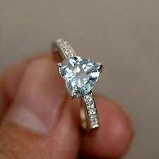 Heart Shape Aquamarine Diamond Solitaire Engagement Ring 14k White Gold Finish