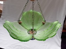 Vintage Clam Shell Art Deco Green Glass Ceiling Pendant Light 