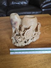 Vintage Chinese Hand-Carved Soapstone Brush Pot – Double Vase – Floral Motif