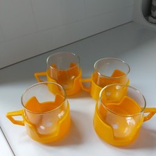 4x Vintage Retro JaJ Pyrex Drink Up Cups Picnic Stackable Cups Yellow