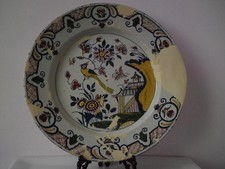 Large 14" 36cm 18th century English Bristol Delft Polychrome Charger Bird Pagoda