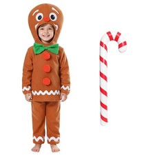Kids Gingerbread Man Costume & 90cm Inflatable Candy Cane Christmas Fancy Dress