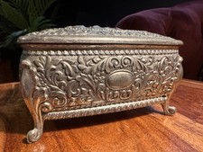 Vintage Ornate Silver Tone Jewellery Box with Red Lining & Classical Scene