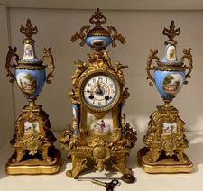 Antique AD , MOUGIN Blue Porcelain French Garniture 3 Pieces Mantel clock