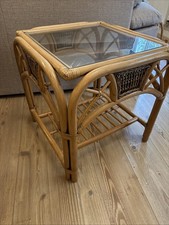 Vintage Bamboo cane Coffee Side Table with Glass Top Boho Home Décor 
