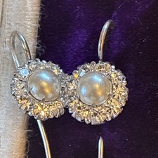 Antique Sterling Silver Pearl & Paste Earrings Art Deco Ladies Christmas Gift
