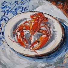 Original Lobster Painting Still Life Artwork Seafood Kitchen Art Oil on Board