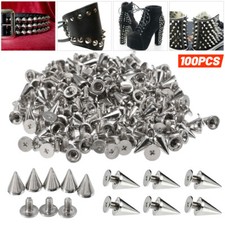 100 Silver Metal Bag Studs Cone Punk Spike Spots Rivet Screw Bullet Leather DIY