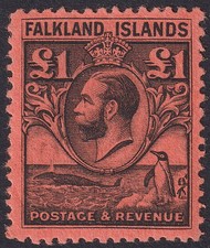 Falkland Islands 1929 KGV Whale and Penguins £1 Black on Red Mint SG126 cat £350