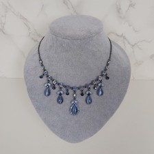 Dark Silver Tone Blue Glass Stones Art Deco Style Necklace Costume Jewellery